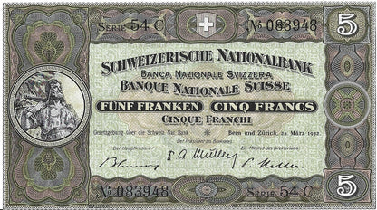 Szwajcaria 5 Franków 1952 (UNC)